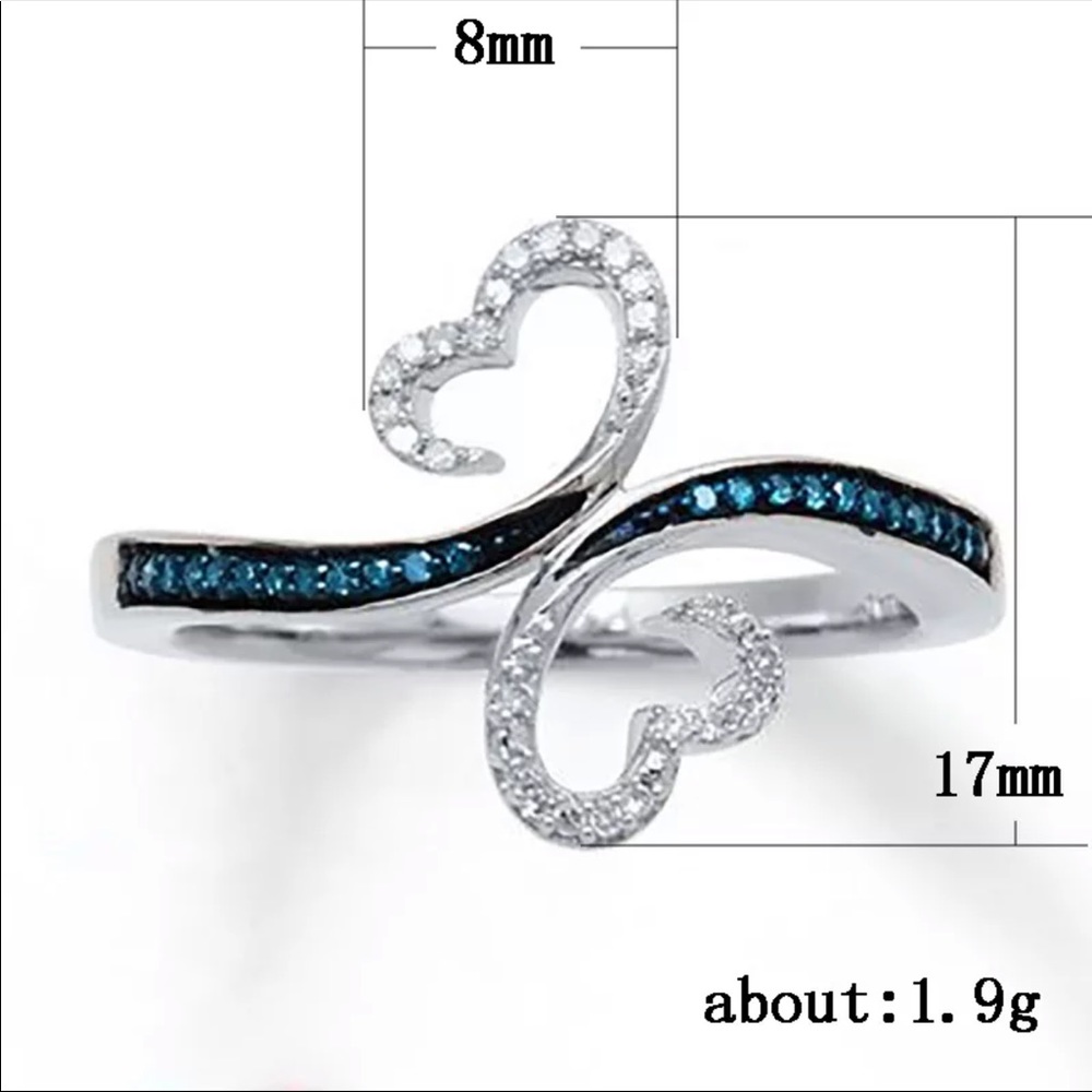 Romantic ๐2 Hearts 925 Silver Sapphire Ring New - Picture 2 of 4